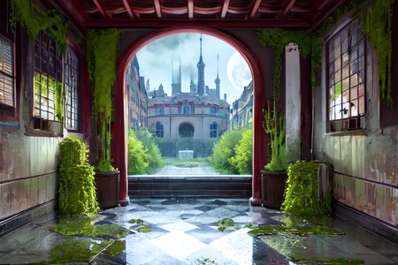 highly insanely detailed, masterpiece, top quality, best quality, highres, 4k, 8k, RAW photo, (very aesthetic, beautiful and aesthetic),  
Ancient Roman Interior Design,RomInt,fountain,low_table,open_air_light,functional_design, 
<lora:RomanInterior-10:0.6>, 
(1girl:1.3), 
1other, 
, 
very short hair,faux hawk hair,layered haircut hair,textured quiff hair,tousled waves hair,hair ornament,hairclip,hair bow, 
, 
(city outskirts) , misty , heavy fog,ruanyi0046,(alley:1.2),ruanyi0042,building,city,cityscape,dirty,garbage,peeling paint,ruins,abandoned,eerie,no humans,dark,dilapidated,made of moss,moss-covered,overgrown,(moss slime vines,mossy_surface,moss vines),slime_\(substance\),sticky slime,twigs,messy,crumbling,vegetation,trash can,poster \(object\),window,box,stairs,road,paper bag,trash bag,graffiti,street,lamppost,soda can,wall,graffiti,window,road,puddle,scenery,bottle,trash can,(marble floor,glass floor),motor vehicle,food,street,fence,brick wall,bucket,house,box,air conditioner,door,power lines,cup,stairs,paper bag,crescent moon,crescent,half_moon,cold full moon,midnight,moonlight,day,window,lattice windows,traditional lattice ceilings,cash_register,tempesta,indoors open to the outdoor nature,plant,black background,dark brown background,caramel background,(solid color background), 
,âââ