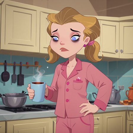 score_9, score_8_up, score_7_up, 1girl, solo,
pale-skin, light blue eyes, medium-length blonde hair, pigtails with pink hair ties, pink pajamas, 
 perfect hands, show accurate, perfect anatomy, med body,
indoors, small perky breasts, kitchen, hand on hip, loose clothing, holding a cup of coffee in hand, sleepy eyes, bags under eyes, loose clothes,
