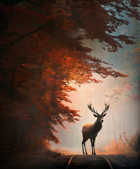photo nature ((a large stag:2.6) stands closeup)  in a clearing. crossing a railway line, between trees, small yellow tint moon horizon, <lora:detail_slider_v4:1.4>, Photo canon 4d, canon 5d, 4k high quality, high resolution, cinematic lighting, masterpiece, <lora:Autumn Woods - v1.1:0.8> leaves (green|orange|red) epiCPhoto,  <lora:epi_noiseoffset2:0.2>  misty