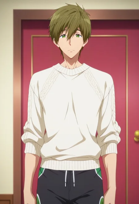 masterpiece, best quality, intricate details, anime screencap, anime coloring, , looking at viewer, 1boy, solo, male focus, <lora:makoto_tachibana_ilxl:0.96>, makoto_tachibana, brown hair, green eyes, hair between eyes, tachibana makoto, , Aztec Tulle Sweatshorts, Georgette White Half-zip sweater, , ,