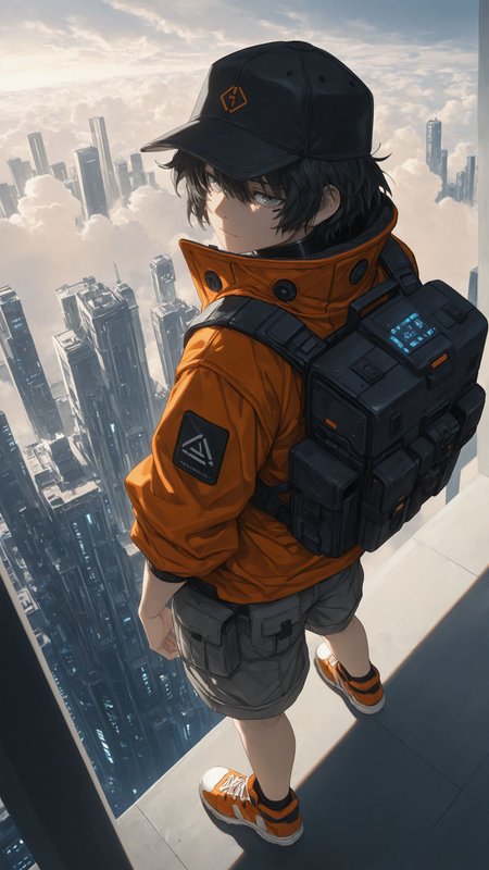 1boy, portrait, <lora:KonYa666:1> kony4666, <lora:add-detail-xl:1>,
masterpiece,best quality,
black hair, short hair, baseball cap, black cap, grey eyes, loose hair strands, detailed eyes, adventurer, wearing an orange jacket, tactical backpack, black backpack, orange acents, cargo shorts, grey shorts, orange and white sneakers, 
standing on the edge of a skyscraper, futuristic urban cityscape below, confident expression, contemplative expression, soft clouds in the background, cyberpunk-inspired atmosphere, 
(from above:1.2), view from back, looking over shoulder, looking at viewer, cyberpunk-inspired atmosphere, detailed lighting, shading, highly detailed, cinematic composition, dramatic perspective