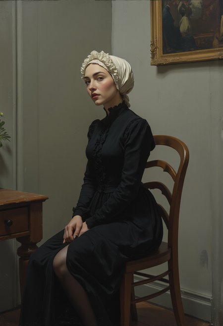 painting in the style of "Arrangement in Grey and Black No.1" by James McNeill Whistler -- A seated Mischievous  woman in profile, head facing forward, but her eyes turned slightly toward the viewer with a cheeky smile,  wearing a austere black Victorian dress  a high neckline with a slit, she is seductively and secretly   revealing her leg  stockings and garters,  white lace bonnet, hands folded in her lap.  a knowing smile, She sits on a wooden chair against a grey wall with  a frame picture, . The scene is quiet formal minimalist with soft muted tones, Mischievous vintage art,, <lora:Anime Art V3:1> <lora:aidmaMJ6.1_v0.5_3:0.5>