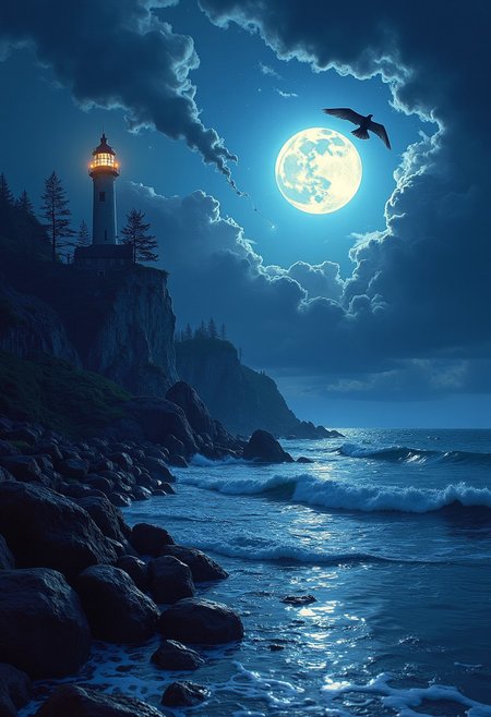 Under the eerie glow of a full moon, a dark and ominous landscape unfolds. A vibrant, colorful ship stands by the edge of a serene ocean, its vivid hues contrasting starkly with the foreboding atmosphere. In the background, a lighthouse stands atop jagged rocks, its light cutting through the darkness and reflecting off the ocean's surface, glistening in the moonlight. Thick, swirling clouds loom overhead, adding to the sense of an evil presence. The moonlight filters through the clouds, casting an otherworldly glow over the scene. A falling star streaks across the sky, adding a touch of mysticism to the night. The air is thick with a sense of ancient secrets and dark magic, as if the very night is alive with hidden power.  romantic impressionism,dream scenery art,beautiful oil matte painting,romantic,style of thomas kinkade,beautiful digital painting,anime landscape,romantic painting,dreamlike digital painting,colorful painting,beautiful gorgeous digital art,style of greg rutkowski,janek sedlar,jenny saville