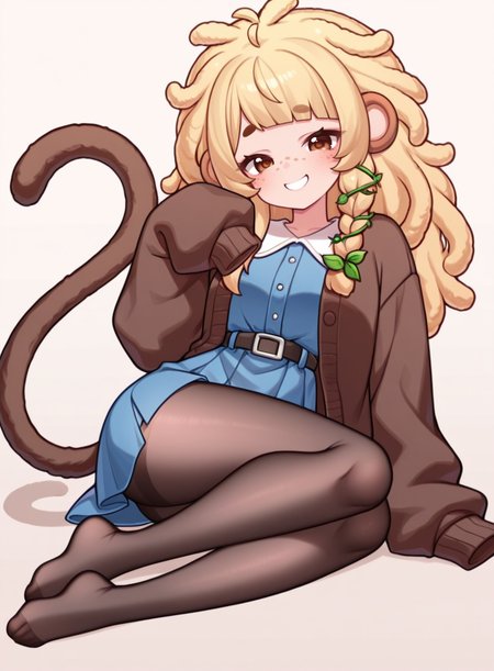 1girl, solo,  <lora:BananaJuju:0.8> bananajuju, blonde hair, brown eyes, freckles, monkey tail,
black fur-trimmed cardigan, sleeves past fingers, long sleeves, blue dress, high-low dress, black high-waist pantyhose, no shoes, sitting, side pose, bubbly grin, lively glance, playful expression, extremely detailed, highres, masterpiece, best quality