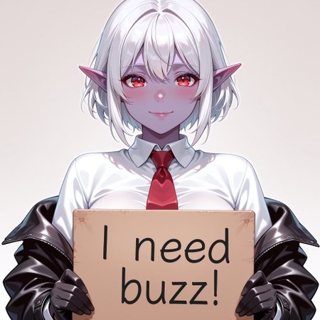 score_9, score_8_up, score_7_up, score_6_up, anime, beautiful, stunning, masterpiece, best quality, amazing quality,

need_buzz, holding sign, need_buzz

minthara, white hair, dark elf, red eyes, short hair, purple skin

1girl, solo, gloves, shirt, necktie, black gloves, looking at viewer, red necktie, breasts, short hair, white shirt, jacket, upper body, simple background, black jacket, collared shirt, off shoulder, , open clothes, open jacket, Light Smile,










