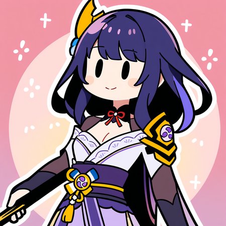 (bkub_\(style\):0.8), 1girl, raiden shougun, genshin impact, solo, holding sword, cleavage, |_|, light smile, safe, newest, masterpiece, very aesthetic