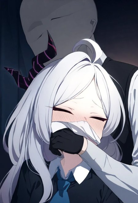 masterpiece,Hina_(Blue_Archive),1girl,man's big hand,(handkerchief over mouth and nose)、kidnapping。(man's hand covered over mouth from behind),1boy,handgag,handkerchief,closed eyes