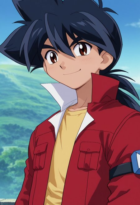 score_9, score_7_up, source_anime
takakinom, 1boy, male focus, solo, brown eyes, black hair, spiked hair,  jacket, red jacket, popped collar, portrait, smile,
outdoor,