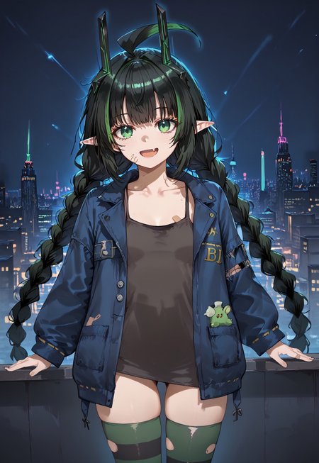 1girl, solo, solo focus, highres, absurdres, ElfinJacket, very long hair, black hair, ahoge, horns, multicolored hair, pointy ears, twin braids, green eyes, green hair, bangs, streaked hair, 

blue jacket, striped thighhighs, open jacket, torn clothes, bandaid, collarbone, black shirt, long sleeves,

looking at viewer, smile, open mouth, head tilt, 
 
cityscape, neon lights, shade, night, night sky, dark, backlighting,