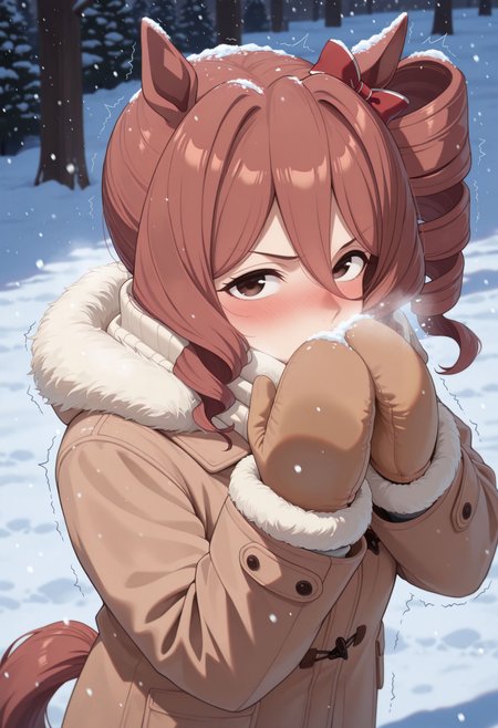 masterpiece, best quality, amazing quality, very awa,absurdres,newest,very aesthetic, looking at viewer, 
, <lora:Norn Ace illu:1> 1girl, brown hair, drill hair, side ponytail, brown eyes, animal ears, horse girl,horse tail,  hair bow, red bow, 
winter clothes, snow, nose blush, snowing, blush, trembling, mittens, sneezing
