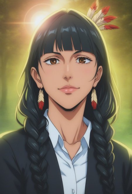 score_9, score_8_up, score_7_up, source_anime, intricate details, anime screencap, perfect balance, official art, extremely detailed CG unity 8k wallpaper, perfect lighting, Colorful, Warm_Front_face_Lighting, (masterpiece:1.0),(best_quality:1.0), ultra high res,4K,ultra-detailed, photography, 8K, HDR, highres, absurdres:1.2, Kodak portra 400, blurry background, bokeh, lens flare, (Anime) (vibrant_color:1.2), professional photograph, night, (cute_face:1.2), 2d, anime, upper body, intricate iris, American, Professional character design, 1girl, female focus, (Brown eyes), perfect eyes, (black-hair), Native American, Indigenous, American Indian, youthful, solo, jujutsu_kaisen_style, character portrait, (perfect-lighting), face, young, (Dark-black-hair), Long hair, (Native American), Indigenous, American Indian, (((wild eyes))), (Native North American), (Upturned eyes), (high cheekbones), (strong jawline), (Black Hair), ((((Native-American-Eagle-feather-braids, Native American Eagle feather accessories)))), (Black Cowboy Jacket), (((wild eyes))) ((Bobbed Bangs)) (((Slanted-Eyes))) (Psycho) (Happy) (Friendly) (Goofy) (Dark Black Jacket) (White Dress Shirt), (Warpaint), (Redwood Forest, Pacific Northwest Forests), (Inuit), (Tan skin), (Dark Skin), (Brown skin), (bobbed hair), White Eagle-Feather-Earrings, Thick Bangs, Bobbed hair, Bob-cut, White-Feather-Earrings, Brown-skin, Inuit Face-paint, Full-Bangs, Wide-Bangs, Thick-Hair, Native Face-paint