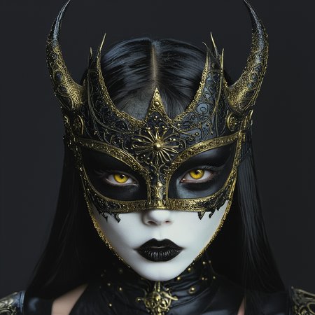 <lora:GothicDarkFantasyMovieSDXL:1> ArsMovieStill, Gothic Dark Fantasy movie still, The image is a close-up portrait of a woman's face and upper body. She is wearing a black and gold mask with intricate designs and patterns. The mask is made of a dark material possibly leather or metal and has a large ornate crown-like design on top. The crown is intricately designed with a large eye in the center and two pointed horns on either side. The woman's eyes are dark and dramatic with dark eyeliner and mascara on her lips. She has long dark hair that is pulled back in a sleek straight style. Her face is painted white with a hint of black lipstick on her cheeks and nose. The background is dark and out of focus making the mask stand out even more. The overall mood of the image is dark mysterious and edgy., 1girl, solo, looking at viewer, yellow eyes, portrait, black lips, black background, pale skin, black hair, simple background
