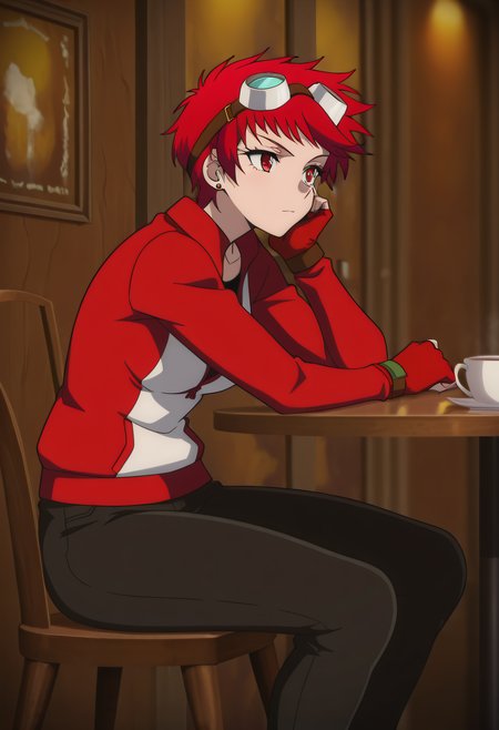masterpiece, best quality, very aesthetic, 

1girl, solo,

Ximena Victoria, short hair, red hair, red eyes, earrings, stud earrings,

jacket, goggles on head, fingerless gloves, pants,

Sitting, on cafe, french restaurant,

Anime coloring,



