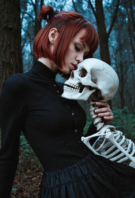 score_9_up, photo \(medium\), paid reward, photorealistic, realistic, , thin body, bob with bangs hairstyle, deep red hair color, 1girl, 26yo woman, clothed, dynamic pose, girl kissing a skeleton, spooky skeleton, in a forest
