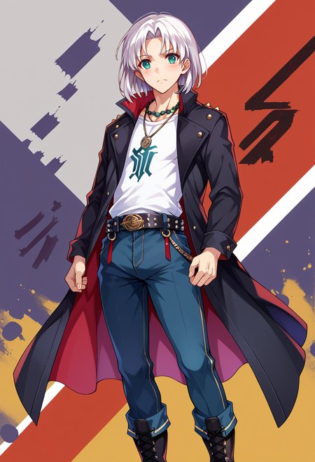 <lora:Misaki-Kurehito-Style-PonyXL:1>, score_9, score_7_up, source_anime, solo, BREAK male focus,, 1boy, teal eyes, tsurime, parted bangs, white hair, medium hair, straight hair, shoulder-length hair, coat, shirt, pants, studded belt, multiple belts, combat boots, torn clothes, necklace, black coat,