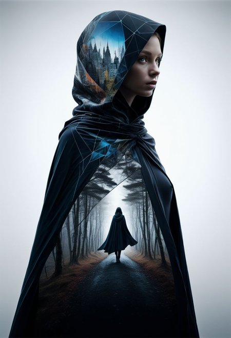 mysterious silhouette nordic woman with cape, goddess, alluring, by Minjae Lee, Carne Griffiths, Emily Kell, Steve McCurry, Geoffroy Thoorens, Aaron Horkey, Jordan Grimmer, Greg Rutkowski, amazing depth, double exposure, surreal, geometric patterns, intricately detailed, bokeh,  perfect balanced, deep fine borders, artistic photorealism , smooth,  great masterwork by head of prompt engineering   <lora:add-detail-xl:2>  <lora:Double_Exposure:0.5>