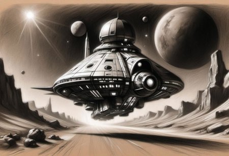 (masterpiece), 
Black and white Renaissance drawing of a simple spaceship, road to mars,
Black and white tones,
HDR, highly detailed, 32k, 
looking at viewer, Style-Renaissance