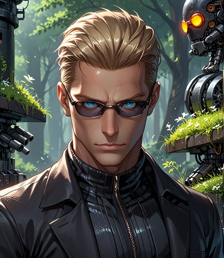 PonyScores7, source_anime, ah1, BREAK <lora:albertwesker-guy-PONYv1:0.8> albertwesker, albert wesker, 1boy, blonde, black gloves, (sunglasses:1.3), belt, black coat, black pants, looking at viewer, toned, athletic, fit, slicked back hair, black turtleneck, zipper, mature male, short hair, black boots, (Jacket Over the Shoulder), (Steampunk clockwork forest with mechanical animals and plants), ((;< expression)), (focused, intense glare), blue eyes, (angular face, sharp_featured face), handsome, charming, alluring, BREAK <lora:xl_more_art-full_v1:0.2>, <lora:shinyskin2:0.2> glistening skin, <lora:aesthetic_anime_v1s:0.2>, <lora:Expressive_H:0.2> Expressiveh, <lora:hairdetailpxl:0.2> hairdetailpxl, <lora:EpicF4nta5yXL:0.2>, <lora:detailxl:0.2> detailxl, <lora:Fant5yP0ny:0.2>, best quality, amazing quality, best aesthetic, absurdres, <lora:expressive eyes:0.2> expressive eyes, <lora:eyedetailpxl:0.2> eyedetailpxl, illustration, Volumetric_Lighting, ultra-detailed, very aesthetic, intricate details, 8k, masterpiece, best_quality, BREAK (Close-up, focusing on a specific detail or part of the subject), BREAK <lora:Eyes_High_Definition:0.3> EyesHD, Stable_Yogis_PDXL_Positives, AS-Adult, <lora:Complicated fantasy portrait - XL Pony V2.0:0.4>, bad-hands-5, AS-MidAged,