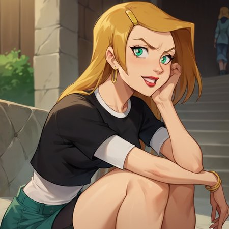 score_9, score_8_up, score_7_up, 1girl, Sarah, green eyes, blonde hair, long hair, hairclip, earrings, lipstick, medium breasts, narrow waist, wide hips, looking at viewer, sitting, knees to chest, highres, high quality, masterpiece, <lora:Sarah_Laurence:1>