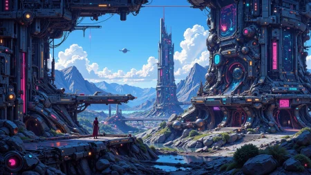 a futuristic space colony beautiful  landscape, day, woman, very intricate, very detailed, sharp, bright, colorful, <lora:Hand v2:0.5> <lora:Anti-Blur:1><lora:Insane Detail Slider:0.25>  <lora:flux.1_lora_flyway_Epic-detail_v2:0.3> <lora:fluxenhancer:0.25> <lora:Neurocore Anime Cyberpunk v2.0:1> A digital artwork in the style of cknc <lora:abyss-neon:0.6> bo-neon