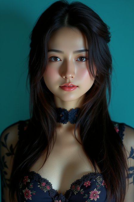[1]a stunning real medium breasts Korean woman with long, flowing dark hair, her piercing gaze directly addressing the viewer. score_9, score_8_up, score_7_up, 4k, high quality, (best quality:1.1), realistic, photorealistic, close-up, upper body, (ultra HD quality details), High Fashion, A highly detailed, realistic digital photo of a Korean woman 28yo with a pale complexion, emphasizing her enigmatic and mystical aura,, high resolution, rich textures, and contemplative mood. Her eyes are a deep piercing and  brown, dynamic, dramatic, haute couture, elegant, ornate clothing, dark straight hair in an elegant updo with a few loose strands framing her face, wearing a high-collared garment with floral patterns in a dark, against a cyan gradient background, 

