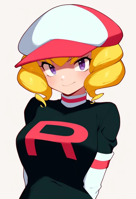 masterpiece, best quality, very aesthetic, absurdres,
1girl, domino, blonde hair, purple eyes, drill hair, 
hat,
team rocket, team rocket uniform, elbow gloves,
medium breasts,
arms behind back,
upper body, smile,
looking at viewer, solo, simple background, white background,  <lora:DominoNoobXL_byKonan:1>