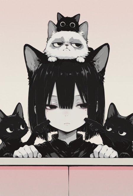 1girl, solo, black hair, bob cut, hair between eyes, solid black eyes, detailed eyes, looking to the side, mole under eye, head support, head on counter, expressionless, pale skin, straight on, close up, animal focus, grumpy cat, black cat,cat on head, paw up, (cheek poking:1.1), pink gradient background, chromatic aberration, limited palette, no lineart, no outline,painterly, blending, flat color,15546+456868, r17329_illu,S4bit4mago_illu