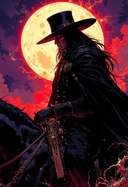 weibo, drawing, illustration retro 90's, Yoshitaka Amano, Ayami Kojima, chromatic aberration, detail, high contrast, cinematic view, volumetric lighting, perspective, side_view,, vampire_hunter, gothic_fantasy, full_moon_background, long_black_hair, golden_details, purple_twilight, red_sky, dramatic_lighting, eerie_atmosphere, fantasy_art, dark_romantic, horseback, misty_night, eerie_moonlight, dramatic_silhouette, gritty_texture, melancholic_mood, thick_linework, surreal,cinematic, intense_detail,photorealistic,(sharp focus:1.3). A stylized character with a striking appearance. A close-up, side view shot of a face mysterious vampire hunter on horseback, silhouetted dramatically against a large, glowing full moon. The view captures the hunter from a slightly below perspective, emphasizing their towering and intimidating presence. They wear a wide-brimmed hat, enhancing the mystery. He long, flowing cloak are visible in the foreground, creating an intense focus on their form. The horse’s head and muscular neck are partially illuminated by the moonlight, adding to the powerful composition. The moonlight casts a haunting glow, with soft mist in the background, creating a high-contrast effect that emphasizes the gothic and dark fantasy aesthetic. The scene feels solitary and intense,  supernatural threats lurking in the night. The image is highly detailed, with a focus on the textures of his suit, the sharpness and the way his interacts with the.
DB4RZ, DB4RZ style painting