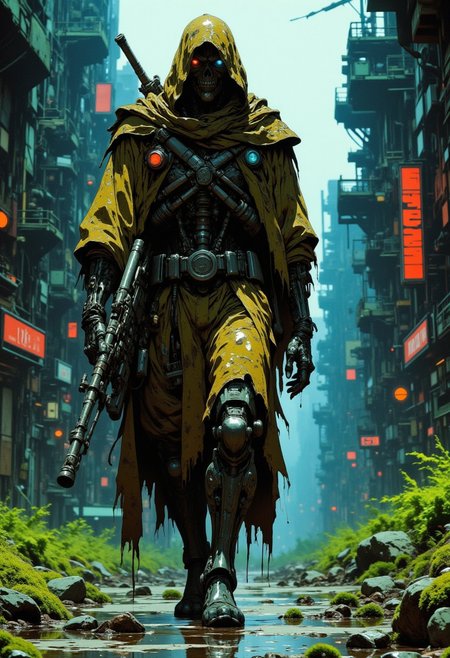 Terminator robot drapped with a dirty cloaked hood, holding a plasma rifle.
Walking in a destroyed city overgrown with moss and vines. Dark dynamic lightning.
CAICO