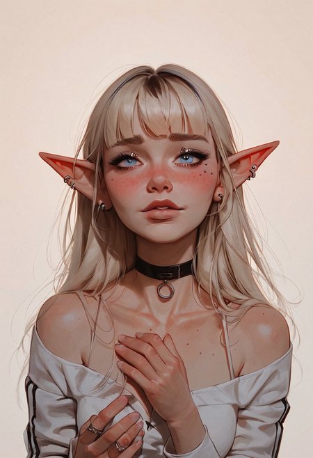 score_9, score_8_up, score_8_up, 1 Elf girl, 1 girl, multi coloured hair, ((long hair)), ((bangs)), straight hair, piercings, choker, portrait, nervous, looking up at viewer, blushing, leaning in to kiss viewer, happy to see viewer, POV, ((streetwear)), average tits, teardrop shaped tits, fit body, thin waists, beautiful, day lighting, negative_hand, g0thicPXL, GTA