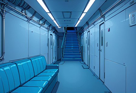 metal rectangular lounge room on a boat, metal plated walls, long room, simple walls, blank walls, sofa, sideview staircase going up, hallway, underground,  blue color, vivid color, no windows, thick lines, solid walls, clean and tidy, grunge, anime screencap in vwst artstyle, lineart, flat colors, high-definition 8k, best quality, high quality, ultra-detailed, vector, simple details, outlines