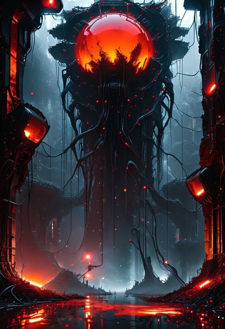 digital, masterpiece, EdobHorrorLandscape, brutalism, 8k wallpaper. crystal clear, perfect details, (detailed art), absurdres,
surface of alien planet, earie, dark, ground covered in wires, covered in wires, huge alien pillar, (portal), in the middle, (huge hand reaching out), horror, red glow, (red beam).
moody lights, atmospheric, zoom in,