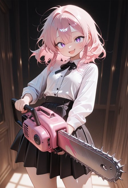 (masterwork, masterpiece, best quality, hyper-detailed, 8k uhd:1.4), 
1girl, solo, CivChan, purple eyes, pink hair, medium hair, school uniform, standing looking sweet, coy, smiling sweetly, dark background, 
holding a chainsaw, motion line, motion blur, 
masterpiece, extremely aesthetic, highly detailed, dynamic composition, vibrant colors, vivid colors, saturated,
<lora:LoraILXL10_YamiStyle_v1:0.8> <lora:CivChan:1>