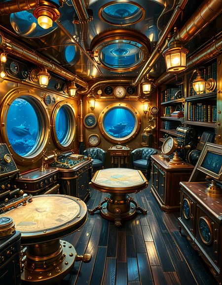 A stunning and intricate view of the interior of the Nautilus submarine, inspired by Jules Verneâs steampunk aesthetic. The room is a mix of Victorian elegance and advanced 19th-century marine engineering. The walls are lined with riveted brass and copper pipes, with intricate pressure gauges and mechanical levers. A massive, round glass porthole offers a breathtaking underwater view of deep-sea creatures swimming in the dark abyss. The warm glow of antique oil lamps and gaslights illuminates the space, casting soft golden reflections on the polished mahogany furniture and ornate brass railings. A large wooden desk is covered with old nautical charts, compasses, and a logbook filled with Captain Nemoâs notes. In the background, a library with leather-bound books and scientific instruments is neatly arranged on wooden shelves, emphasizing the scholarly and adventurous nature of the vessel. The ambiance is a perfect fusion of mystery, science fiction, and vintage maritime beauty, evoking a sense of wonder and deep-sea exploration.<lora:SDXLFaeTastic2400:0.4> <lora:extremely_detailed:0.4> extremely detailed, <lora:Nautilus_subm4r1n3:1>,Nautilus subm4r1n3, Masterpiece,best quality,hi res,8k,hi res,8k,award winning,(sharp focus, intricate, highly detailed),