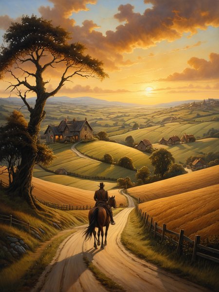 Horror-themed, Oil painting, A lonely country road winds its way through rolling hills and wide fields as the sun slowly disappears behind the horizon. The last rays of the day bathe the landscape in a warm, golden light as travellers on horseback head towards the next village, masterpiece, high detail, 8k, intricate, detailed, high resolution, high res, high quality, <lora:add-detail-xl:1.8>,. Eerie, unsettling, dark, spooky, suspenseful, grim, highly detailed, darkness, midnight, Extremely high-resolution details, fine texture