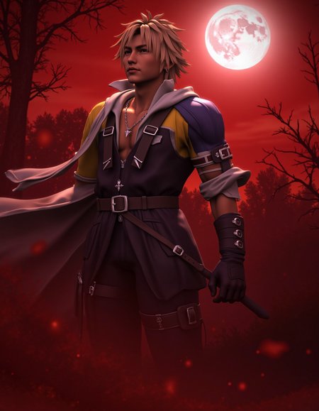 Tid_dus_2025, The image is a CGI-rendered digital artwork featuring Tidus in a Romantic Background, Red Blood moon <lora:Tidus_(Locale):1.0> <lora:AntiBlur:1.0>