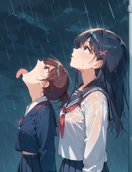 score_9, score_8_up, score_7_up, source_anime, 
gokumeme, rain, 2girls,  tongue out, looking up, school uniform, <lora:gokumeme_xl:0.7>