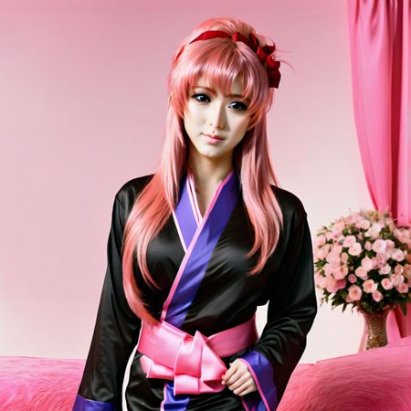lacus clyne, cute, asian, satin silk kimono, black kimono, long sleeves, long hair, pink hair, hair ornament, luxury living room, full body image