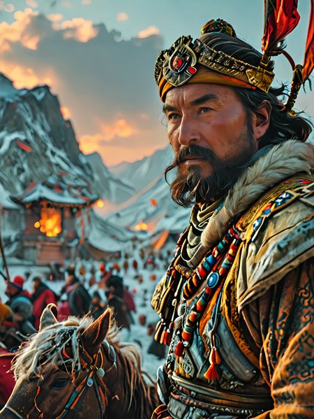 gengis khan arriving at his camp <lora:add-detail-xl:1>,  epic shot, sharp image, dramatic lighting, highest quality, 8k, vivid   colors, flat colors <lora:MJ52:0.6>