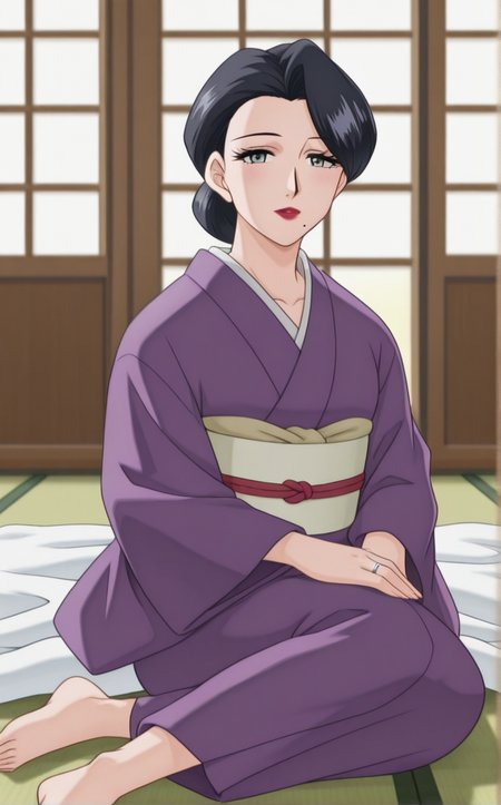 masterpiece, best quality, insaneres, absurdres,yokozuwari, sitting, barefoot, blanket, sliding doors, tatami, sidelighting, indoors, depth of field, solo, looking at viewer,   <lora:ILLUSTXL_MistreatedBride_SumieTakayanagi_ownwaifu:1>, BREAK PurpleKimono_SumieTakayanagi_ownwaifu, 1girl, black hair, breasts, grey eyes, japanese clothes, lipstick, makeup, mature female, mole under mouth, purple kimono, red lips, single hair bun, obi, sash, short hair, long sleeves, collarbone, hair bun, eyelashes, lips, swept bangs, wedding ring, wide sleeves, white skin,