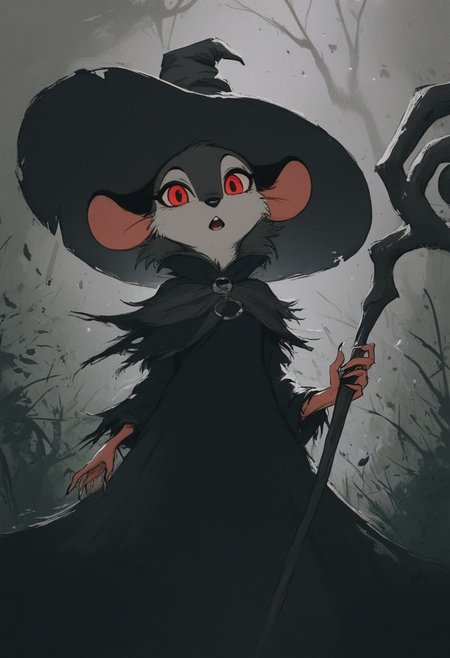 score_9, score_8_up, score_8, solo, (fluffy:0.8), (feral), furry, (((mouse))), female, claws, (fluffy cheeks:0.7), (black dress), grey fur, black ears, red eyes, look at viewer, (solo), j_cartoon, aesthetic, dramatic angle, unique perspective, unique angle, night, dark, swamp, (witch hat), (hold magical staff:1.5), (cruel expression), monochromemuse, monochrome, greyscale, j_cartoon, (open mouth), look at viewer,