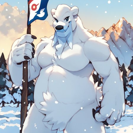 score_9, score_8_up, score_8, furry, Beartic, polar bear, Pokemon (creature), cartoon style, 2d, solo, standing, holding up Canadian flag, looking at viewer, smile, outside, snowy mountain range, blizzard