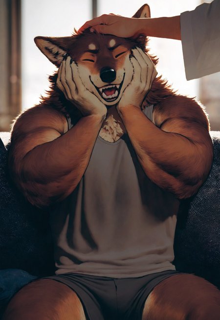 masterpiece, best quality, newest, very aesthetic, absurdres, very awa, mucknagabe, (ibsukionsen:0.4), ovopack, male focus, anthro, brown wolf, fluffy, broad shoulders, tank top, shorts, on sofa, closed eyes, cheek squish, hands on cheeks, teeth, (mostly offscreen character, faceless male, tan human), three quarter view, petting, bokeh, indoors, detailed background