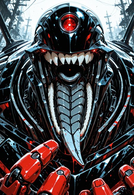 1man, solo, cyborg, ((glowing eye)), ((red eye)), (grey color body and head,), ((sharp big teeth)), BREAK, ((head detail view in front, very detail close view head,)), BREAK, closed mouth,  BREAK, epic background, ((bloody hands)), ((tongue out, robot tongue, grey tongue, long tongue,)), 

OneCybEyeIL, robot eye, mecha, ILXLpos, 