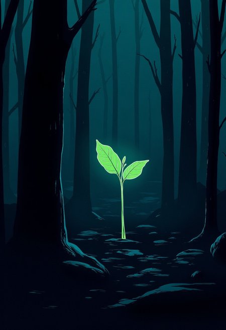 a detail of an outlined bioluminescent 2-leafed sprout in a dark themed forest. Cyberpunk anime style illustration, 8k uhd, high quality. The sprout is a light amidst a dark and grimy world.