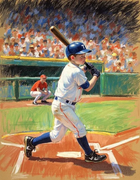 marycassatt2 drawing, a boy playing baseball in a crowded stadium