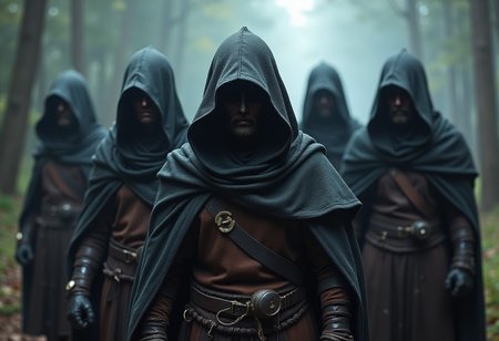 a photo-realistic party of dnd adventurers in a highly cinematic setting, highly detailed, all with hoods up and faces shrouded in shadow.