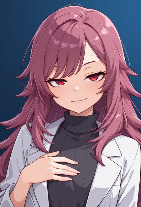 1girl,solo,cute,
mira, flat chest, slim build, fair skin, red eyes, long hair,messy hair, layered hair, dark pink hair, side bangs, waist-length hair, hair tufts
smirk, half-closed eyes, mischievous expression, hand on chest, relaxed posture
lab coat, turtleneck dress, dark gray outfit, semi-formal attire, scientist outfit
looking at viewer,portrait
Simple blue background,(soft focus:1.3), 
masterpiece, amazing quality, best quality, ultra-detailed, 8K, illustration, CG, shiny hair, clear skin, ultra-detailed-eyes, eyelashes, highly detailed,