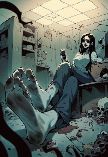 score_9, score_8_up, score_7_up, score_6_up, score_5_up, score_4_up,source_anime, 2d anime, zombie, zombie woman, zombie slut, sexy zombie, motion, erotic, porn, horror, dead eyes, interior, morgue, stretcher, fluorescent light, sitting, showing feet, perfect feet, perfect soles, dirty feet