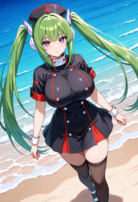 general,highres, ultra-detailed,very aesthetic,best quality ,best hands,best eyes,easynegative,
dynamic anglre, dutch angle, anime cloring,
1girl solo,looking at viewer,sea,beach,walking, 
Quin,purple eyes, green hair, long_hair, long twintails, black nurse cap, robot ears,huge_breasts,Black dress,